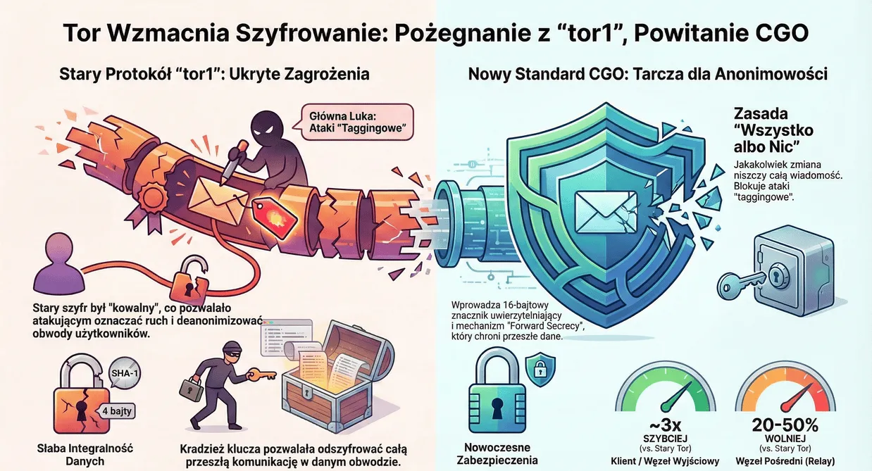 Infographic showing Tor's encryption upgrade: CGO (Counter Galois Onion), a new encryption mechanism that eliminates tagging attacks and strengthens the security of the anonymity network
