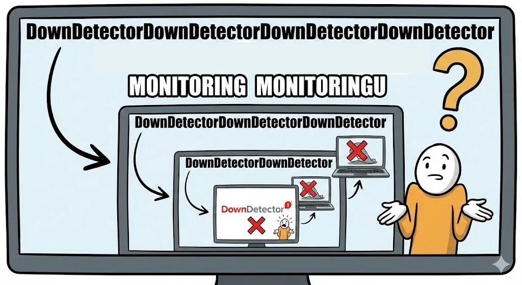 Mem z serwisu DownDetector pokazujący ironię sytuacji: użytkownicy próbują sprawdzić na DownDetector czy Cloudflare nie działa, ale sam DownDetector korzysta z Cloudflare, tworząc zamknięty krąg niedostępności