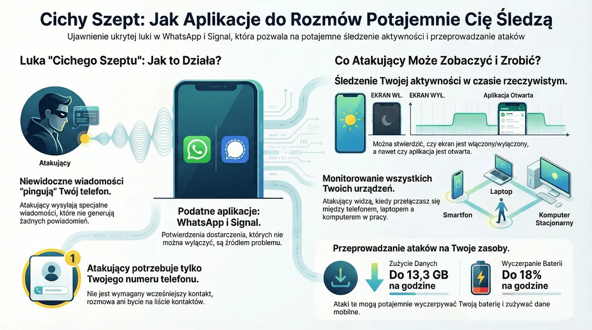 Infographic showing the Careless Whisper attack: how message delivery receipts (gray checkmarks) in WhatsApp and Signal can be used to track user activity and location and drain the battery without the user's knowledge