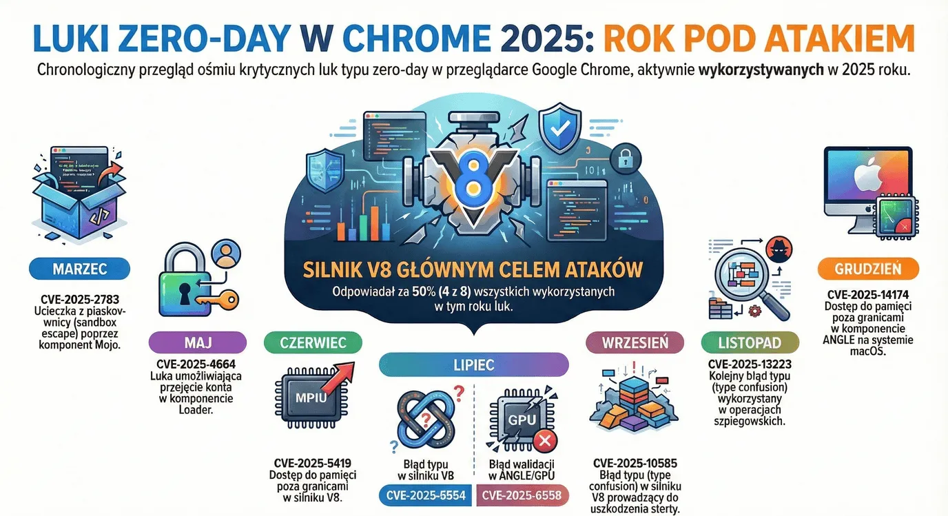 infografika podsumowująca podatności na które narażony był Google Chrome w 2025 roku